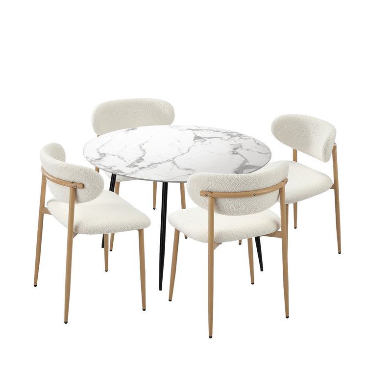 Oikiture 110cm Round Dining Table with 4x Dining Chairs Boucle White