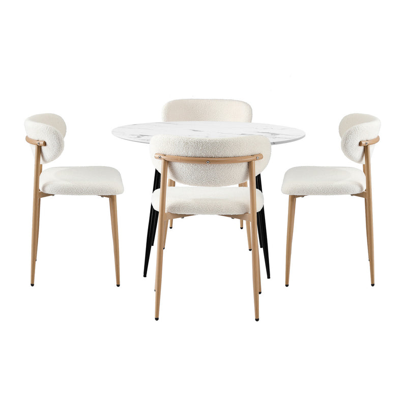 Oikiture 110cm Round Dining Table with 4x Dining Chairs Boucle White