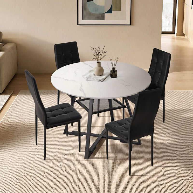 Oikiture 5PCS Dining Table Set Round Marble-Look and High-Back Chairs