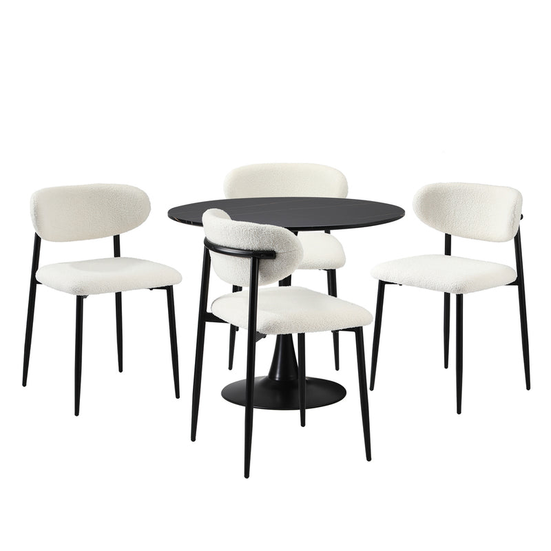 Oikiture 90cm Round Dining Table with 4x Dining Chairs Boucle Black&White