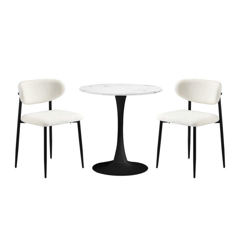 Oikiture 60cm Round Dining Table with 2x Dining Chairs Boucle White&Black