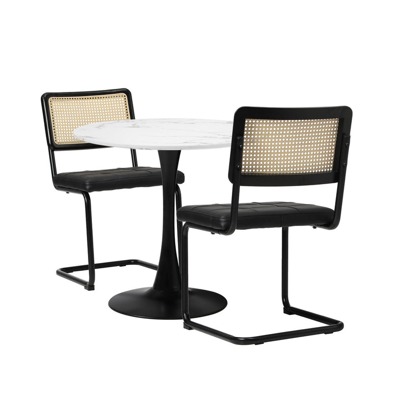 Oikiture 60cm Round Dining Table with 2PCS Dining Chairs PU Leather Black