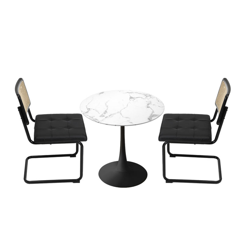 Oikiture 60cm Round Dining Table with 2PCS Dining Chairs PU Leather Black