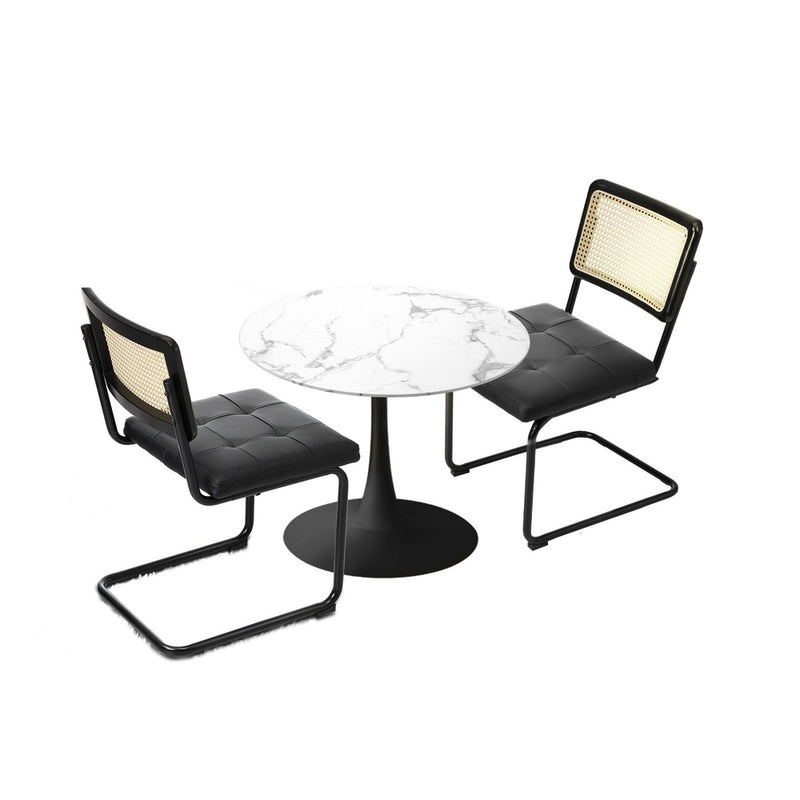 Oikiture 60cm Round Dining Table with 2PCS Dining Chairs PU Leather Black