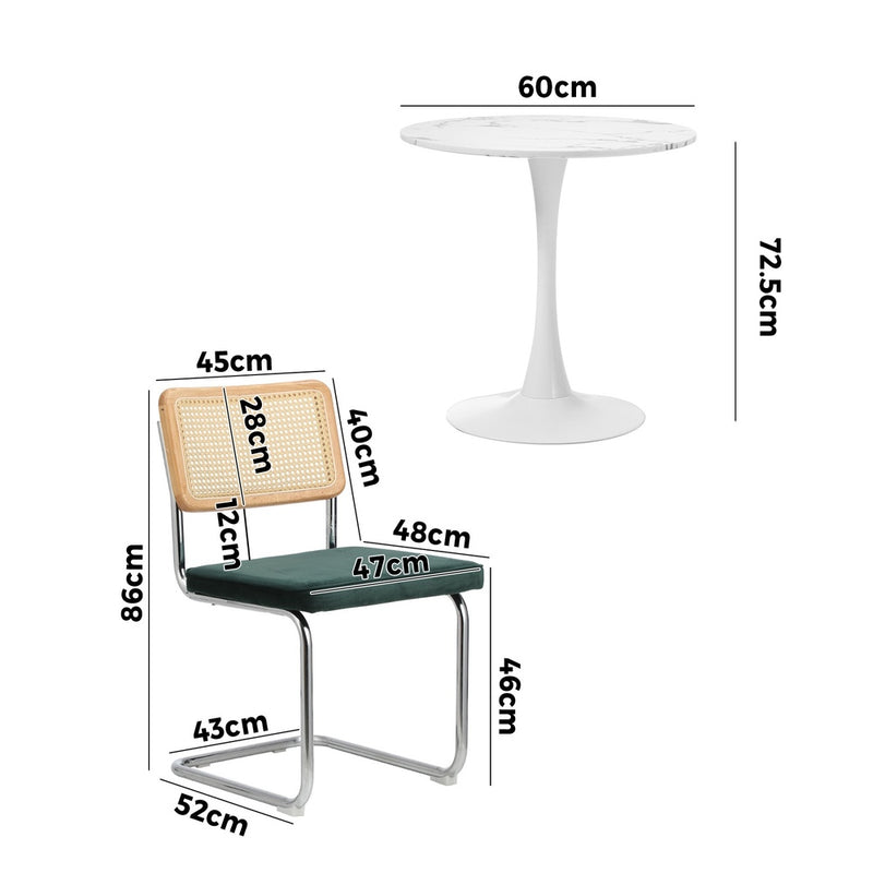Oikiture 60cm Round Dining Table with 2PCS Dining Chairs Velvet Green