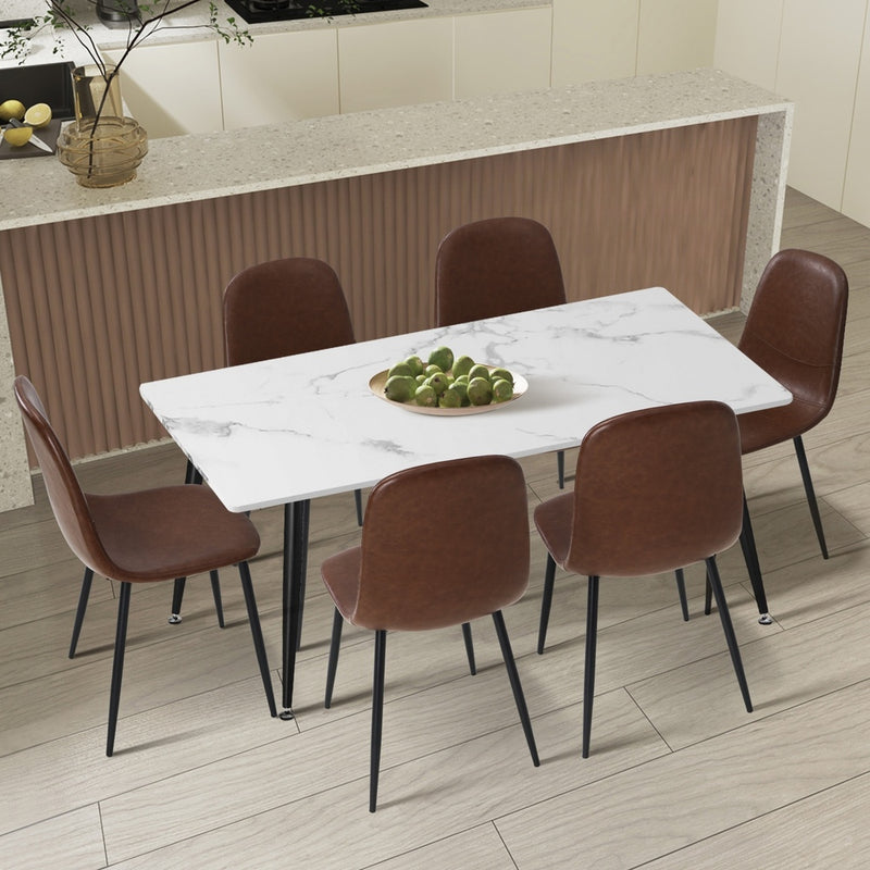 Oikiture 120cm Rectangle Dining Table with 6PCS Chairs PU Brown