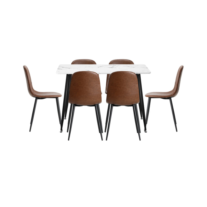 Oikiture 120cm Rectangle Dining Table with 6PCS Chairs PU Brown