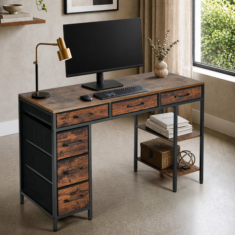 Oikiture Computer Desk with 6 Fabric Drawers Storage Table 120cm