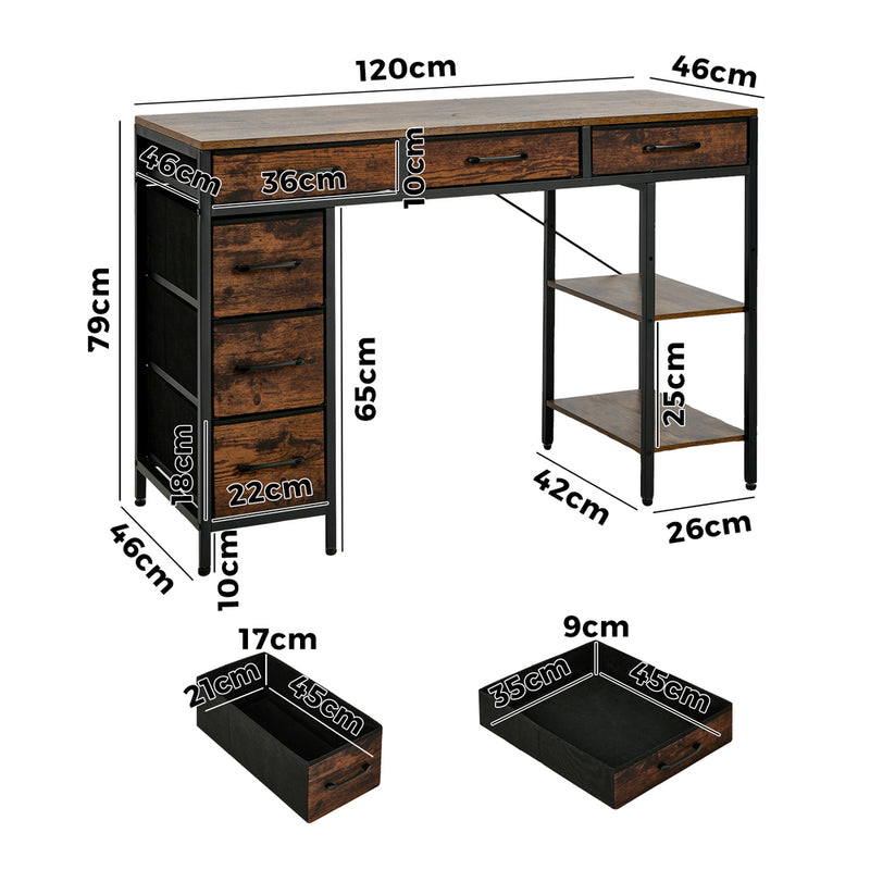 Oikiture Computer Desk with 6 Fabric Drawers Storage Table 120cm