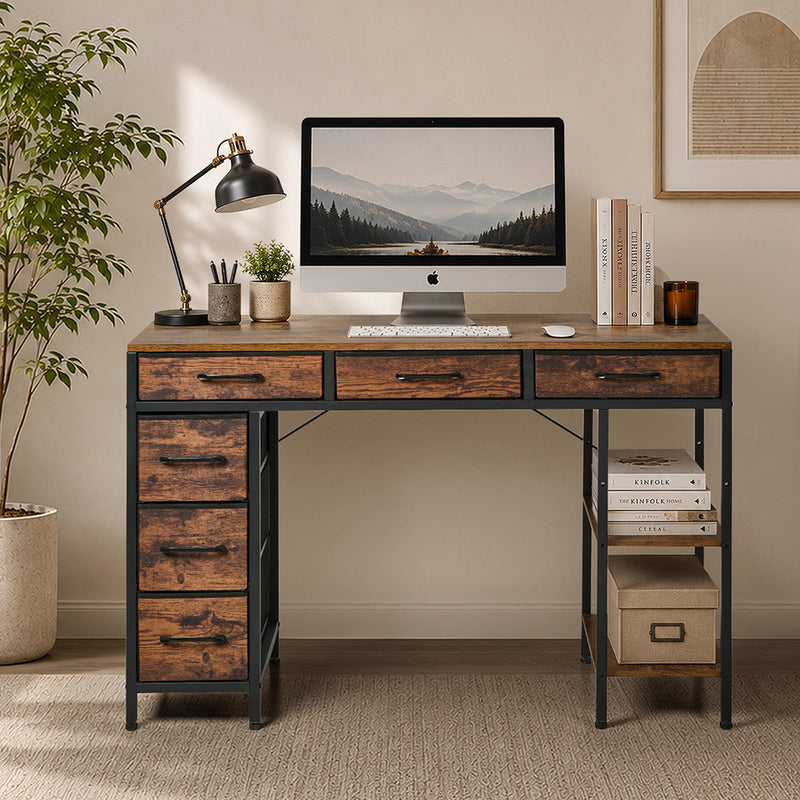 Oikiture Computer Desk with 6 Fabric Drawers Storage Table 120cm