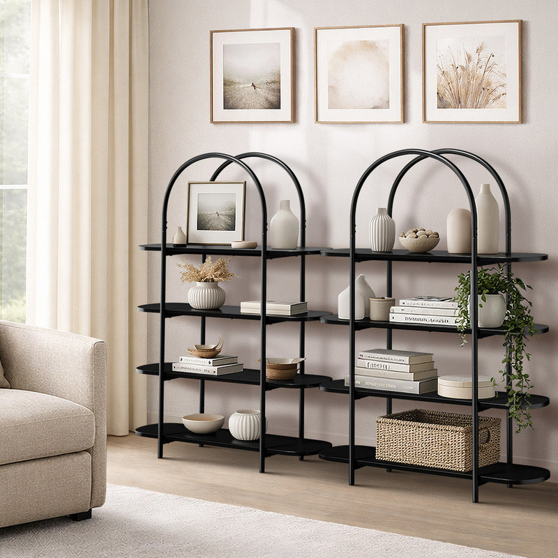 Oikiture Bookshelf 4 Tier Arched Display Shelf Home Industrial Black