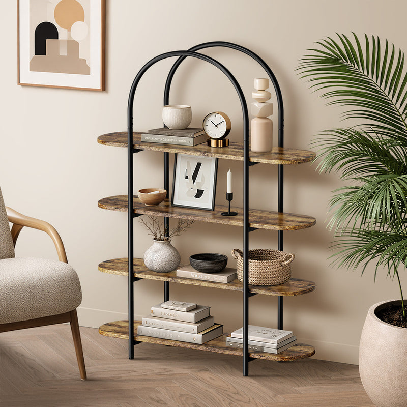 Oikiture Bookshelf 4 Tier Arched Display Shelf Home Industrial Natural