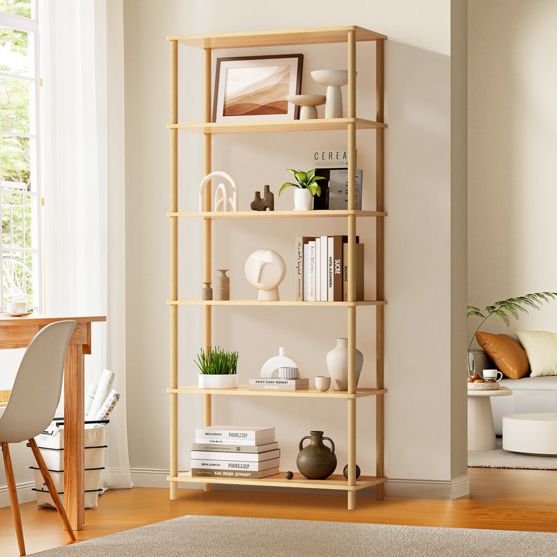 Oikiture Display Shelf 6 Tier Bookshelf Storage Rack Natural