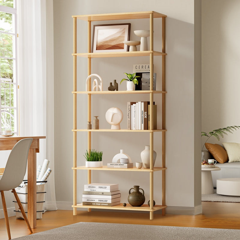 Oikiture Display Shelf 6 Tier Bookshelf Storage Rack Natural
