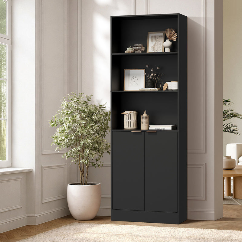 Oikiture Tall Bookcase Display Shelf 2 Door Adjustable Cabinet Black
