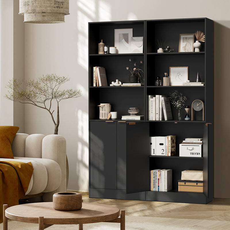 Oikiture Tall Bookcase Display Shelf 2 Door Adjustable Cabinet Black