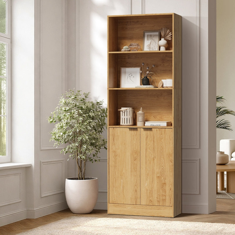 Oikiture Tall Bookcase Display Shelf 2 Door Adjustable Cabinet Natural