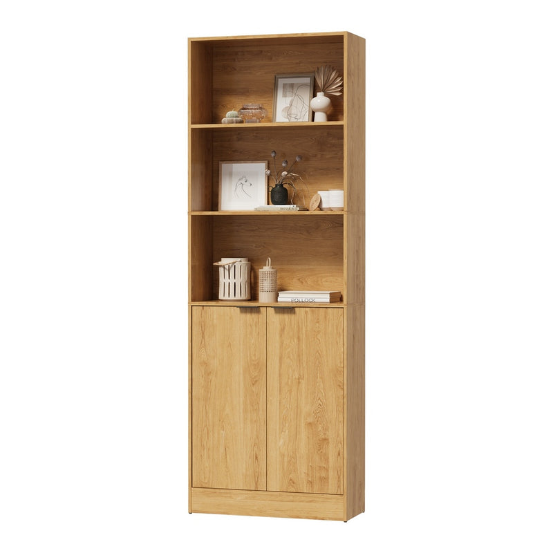 Oikiture Tall Bookcase Display Shelf 2 Door Adjustable Cabinet Natural