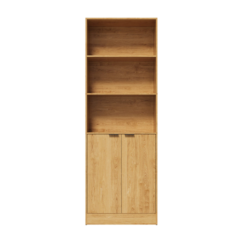 Oikiture Tall Bookcase Display Shelf 2 Door Adjustable Cabinet Natural