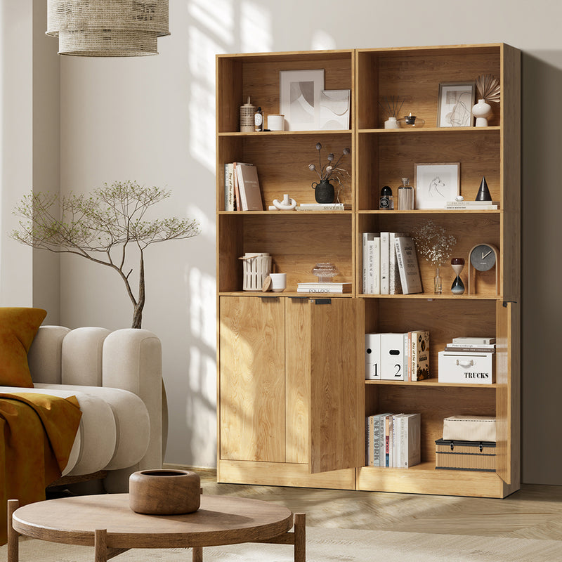 Oikiture Tall Bookcase Display Shelf 2 Door Adjustable Cabinet Natural