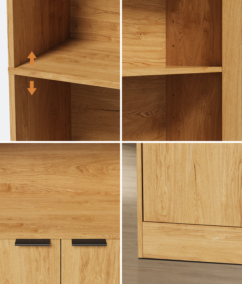 Oikiture Tall Bookcase Display Shelf 2 Door Adjustable Cabinet Natural