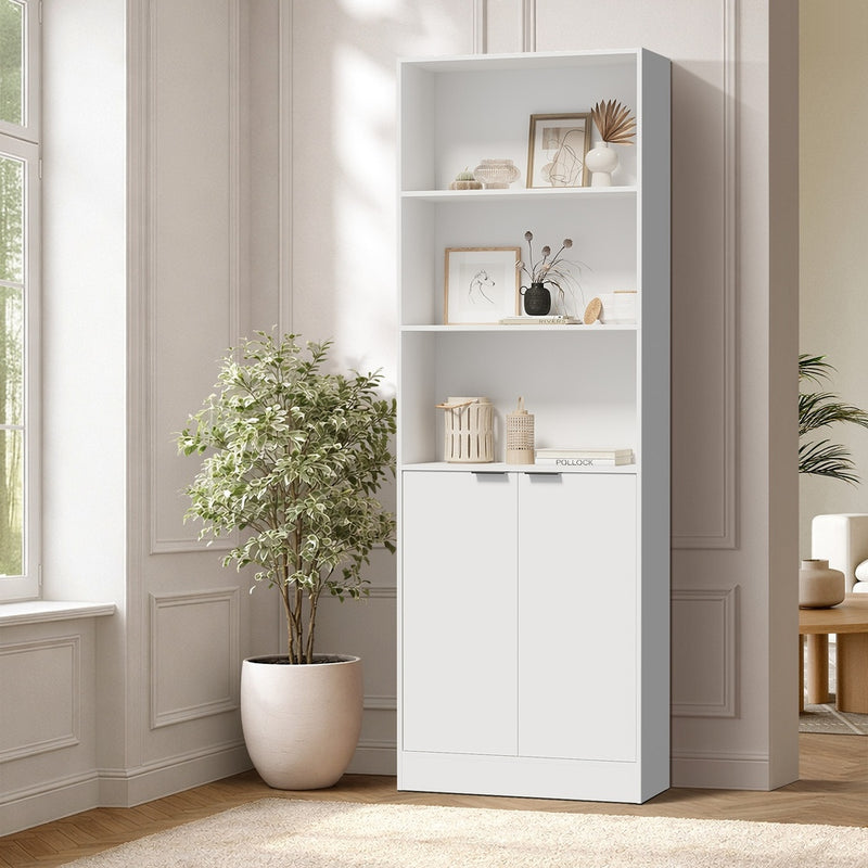 Oikiture Tall Bookcase Display Shelf 2 Door Adjustable Cabinet White