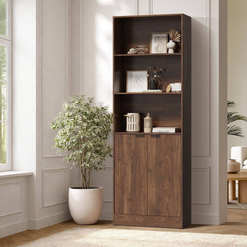 Oikiture Tall Bookcase Display Shelf 2 Door Adjustable Cabinet Walnut