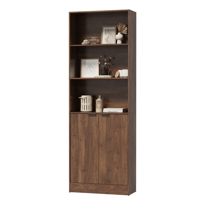 Oikiture Tall Bookcase Display Shelf 2 Door Adjustable Cabinet Walnut