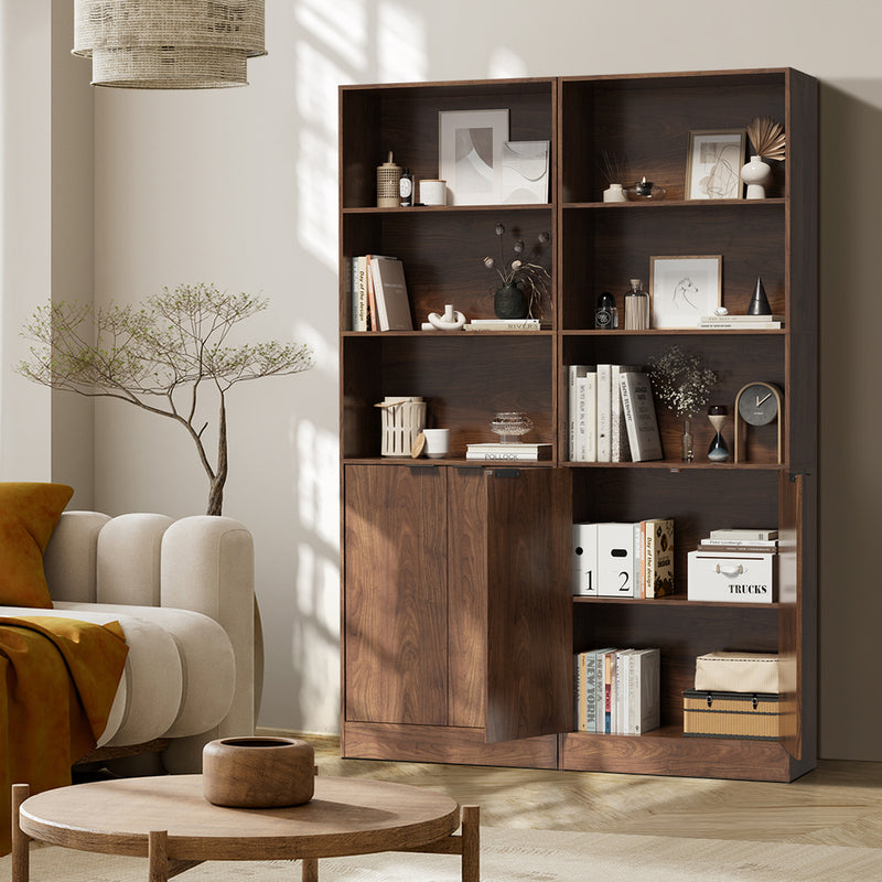 Oikiture Tall Bookcase Display Shelf 2 Door Adjustable Cabinet Walnut