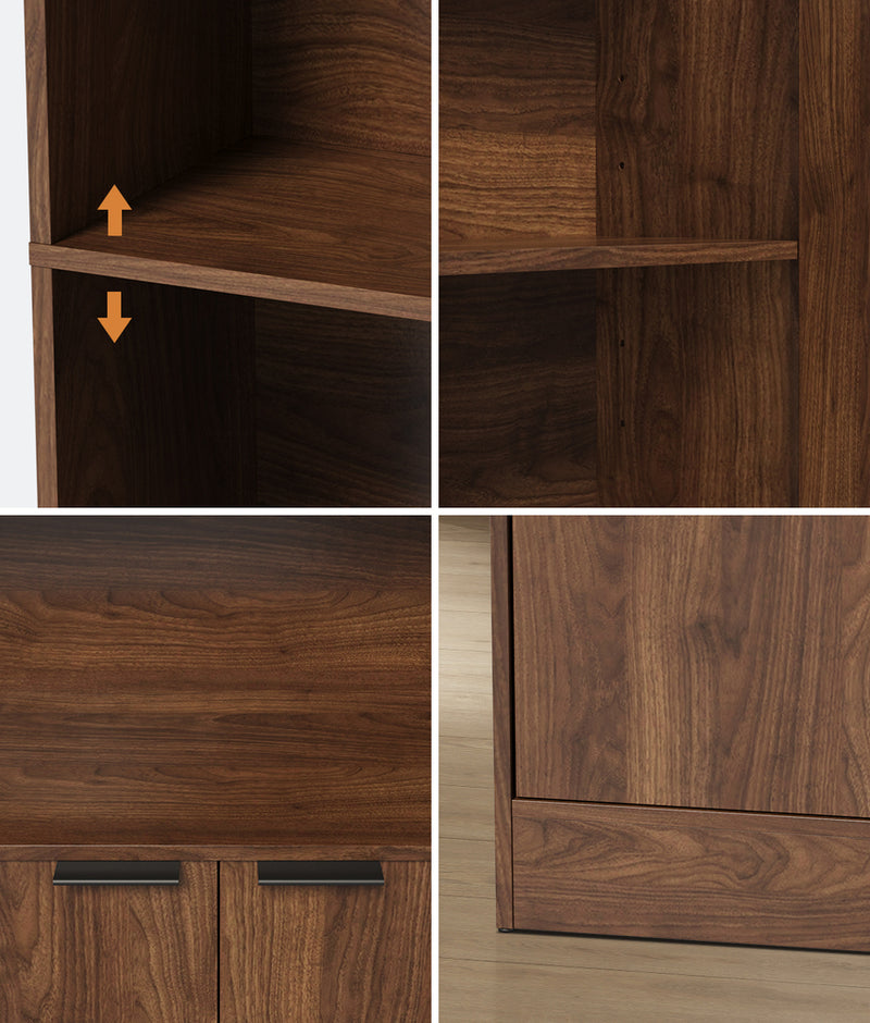 Oikiture Tall Bookcase Display Shelf 2 Door Adjustable Cabinet Walnut