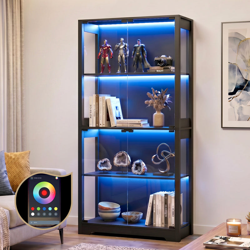 Oikiture 4 Tier Glass Display Cabinet LED Light Bookcase Stand Black