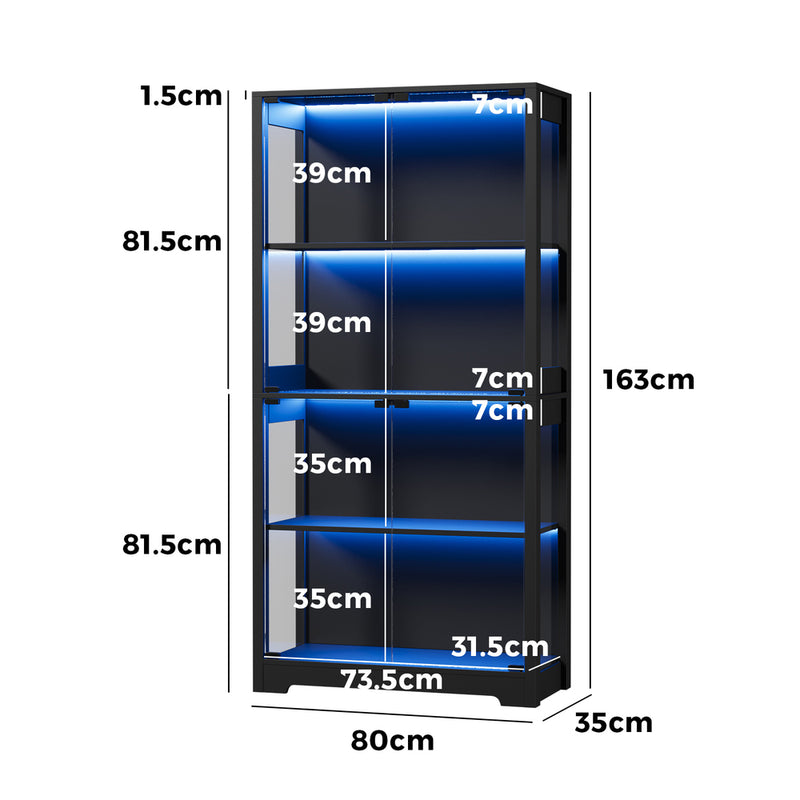 Oikiture 4 Tier Glass Display Cabinet LED Light Bookcase Stand Black
