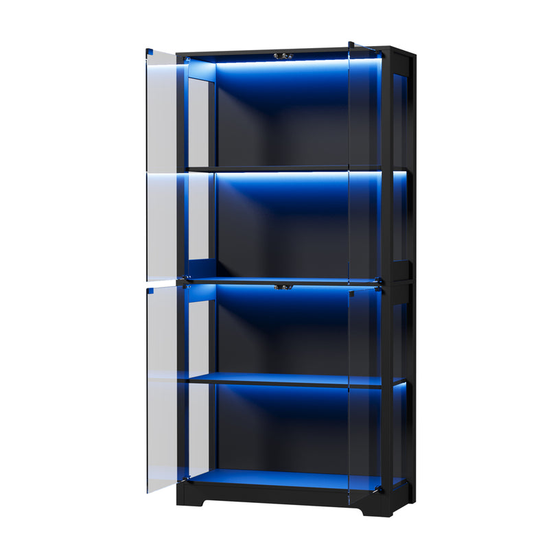 Oikiture 4 Tier Glass Display Cabinet LED Light Bookcase Stand Black