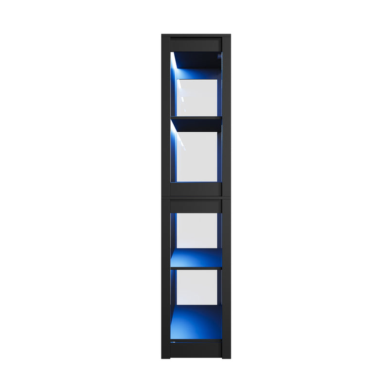 Oikiture 4 Tier Glass Display Cabinet LED Light Bookcase Stand Black