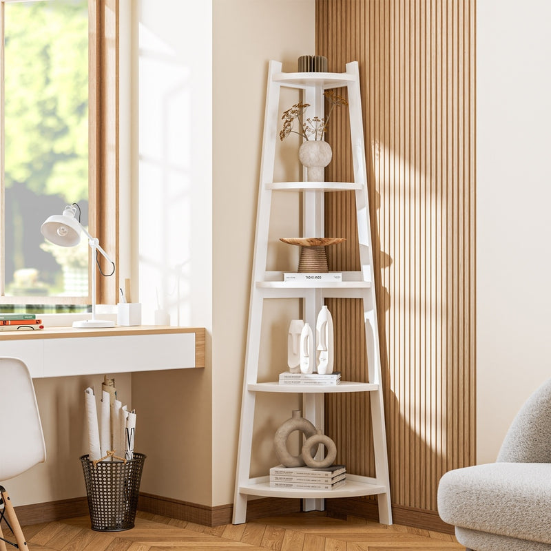 Oikiture Corner Ladder Shelf 5-Tier Display Shelf White