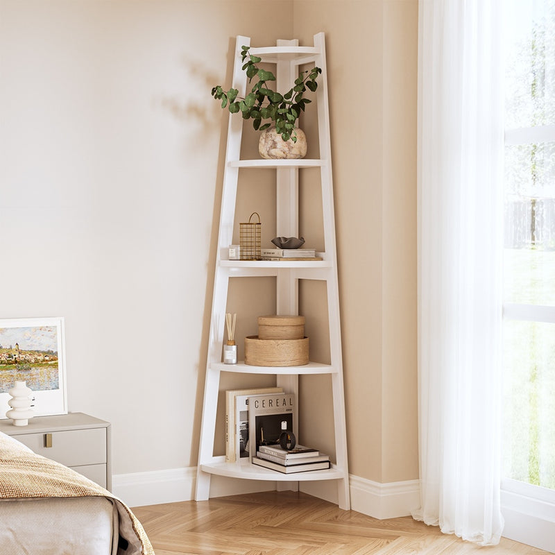 Oikiture Corner Ladder Shelf 5-Tier Display Shelf White