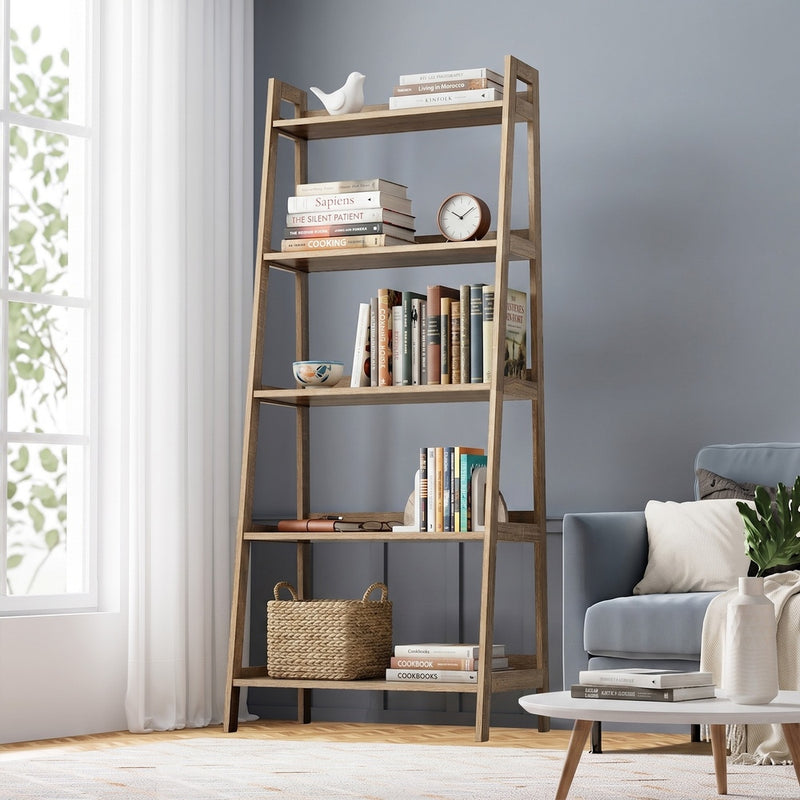 Oikiture Bookshelf 5 Tier Corner Ladder Display Rack Natural