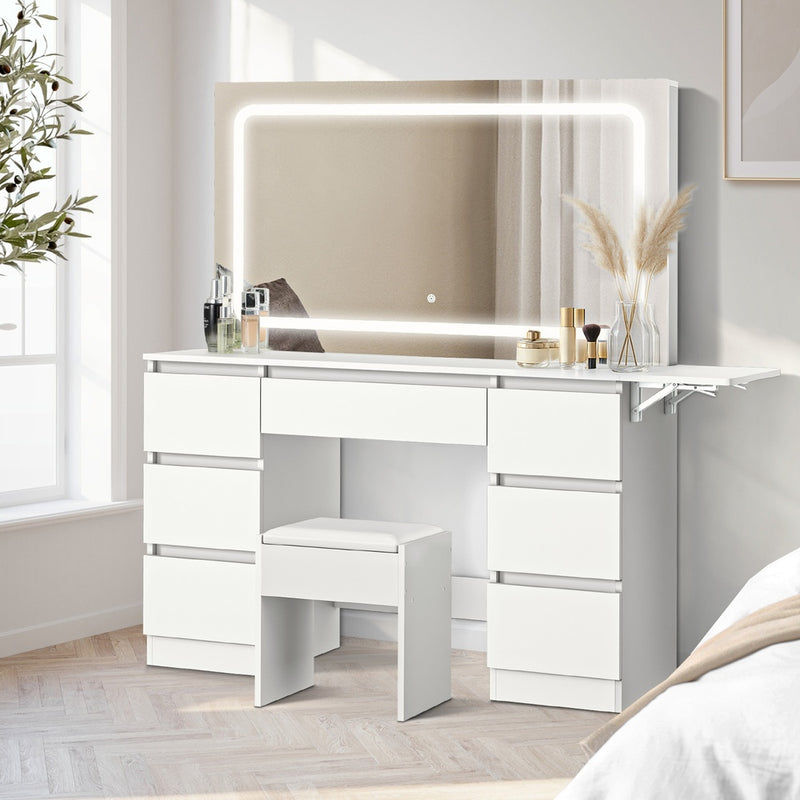 Oikiture Dressing Table Stool Set with LED Makeup Mirror 7 Drawers