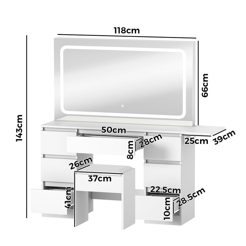 Oikiture Dressing Table Stool Set with LED Makeup Mirror 7 Drawers