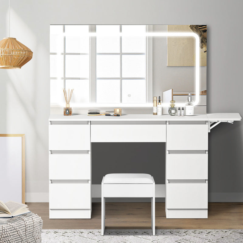 Oikiture Dressing Table Stool Set with LED Makeup Mirror 7 Drawers