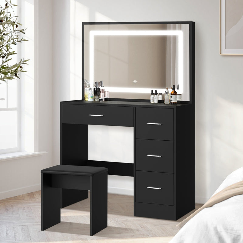 Oikiture Dressing Table Stool Set Large Mirror LED Light Black