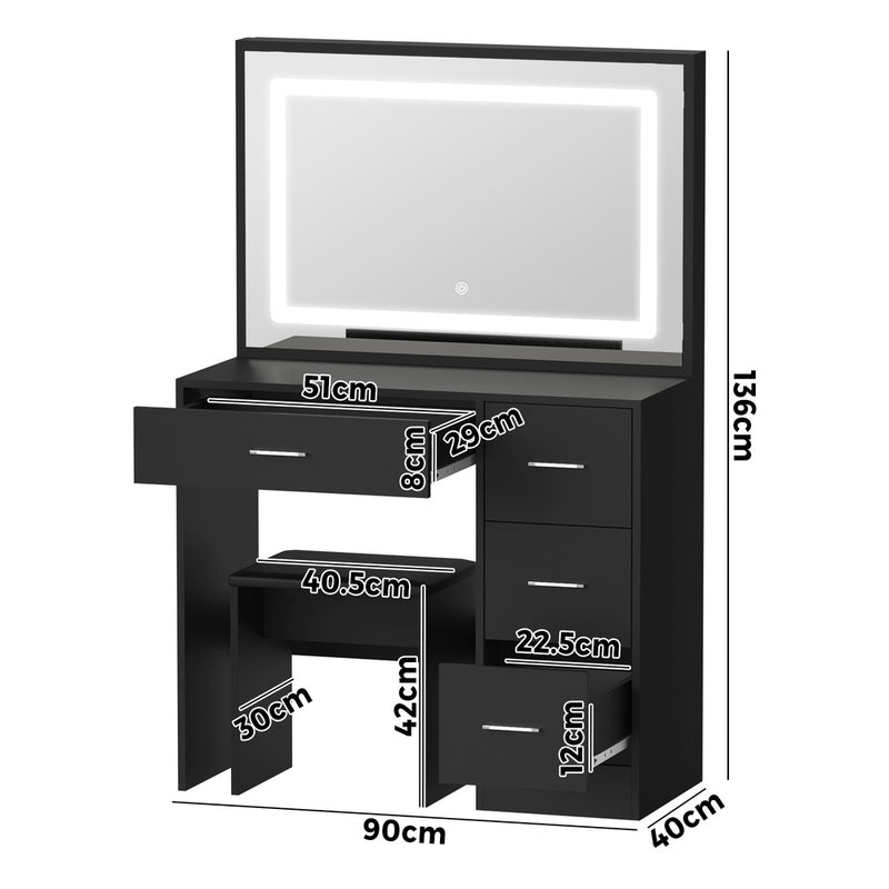 Oikiture Dressing Table Stool Set Large Mirror LED Light Black