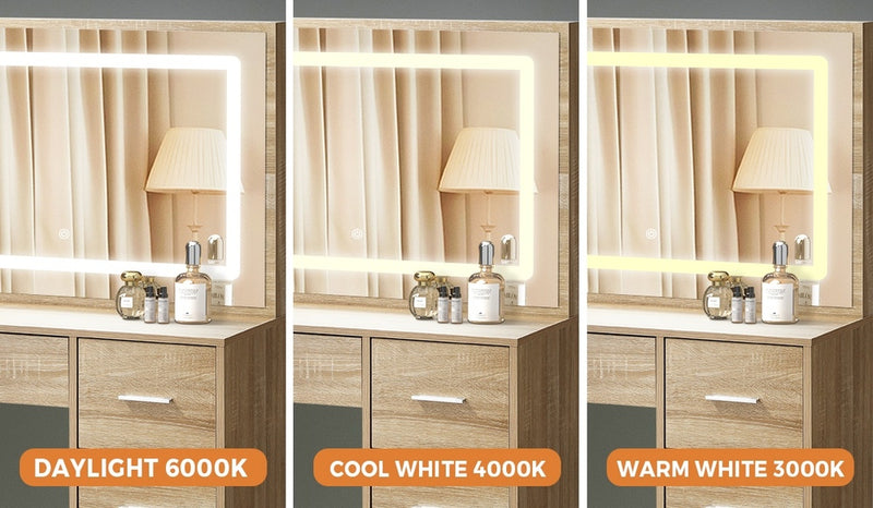 Oikiture Dressing Table Stool Set Large Mirror LED Light Natural