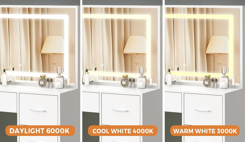 Oikiture Dressing Table Stool Set Large Mirror LED Light White
