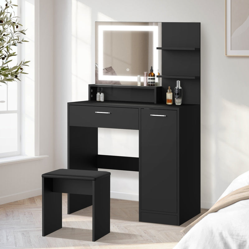 Oikiture Dressing Table Stool Set LED Light Large Cabinet Black