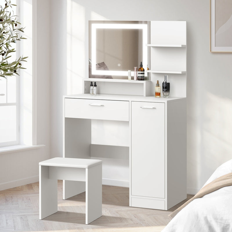 Oikiture Dressing Table Stool Set LED Light Large Cabinet White
