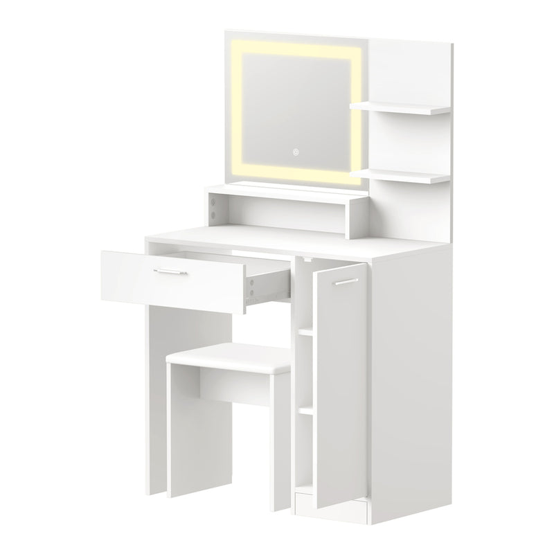 Oikiture Dressing Table Stool Set LED Light Large Cabinet White
