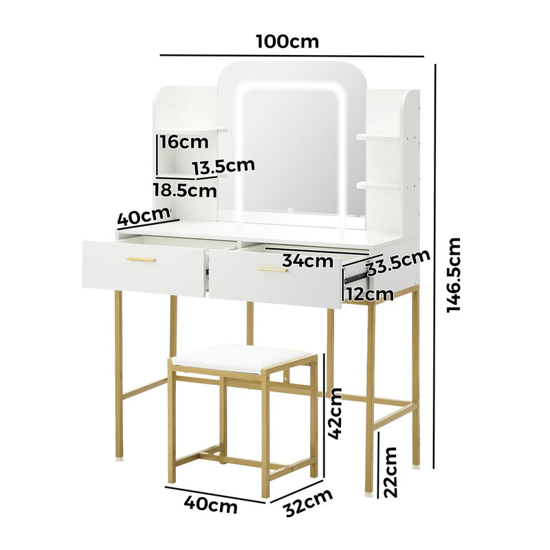 Oikiture Dressing Table Stool Set LED Mirror Vanity Desk White Gold