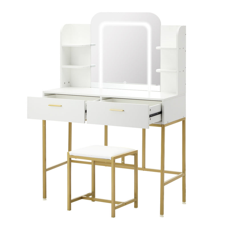 Oikiture Dressing Table Stool Set LED Mirror Vanity Desk White Gold