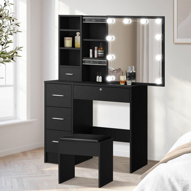 Oikiture Dressing Table Stool Set Makeup Slide Mirror Drawer 10 LED Bulbs Black